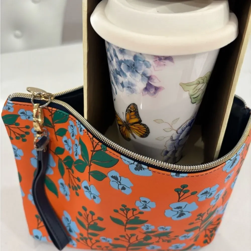 GLAM PACK!! Orange and Blue Floral Cosmetic Bag with Lenox Butterfly Meadow Mug